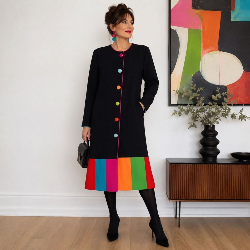 Chetta B Vintage 1980s Colorblock Coat Dress Multi Button Pleated Hem 6